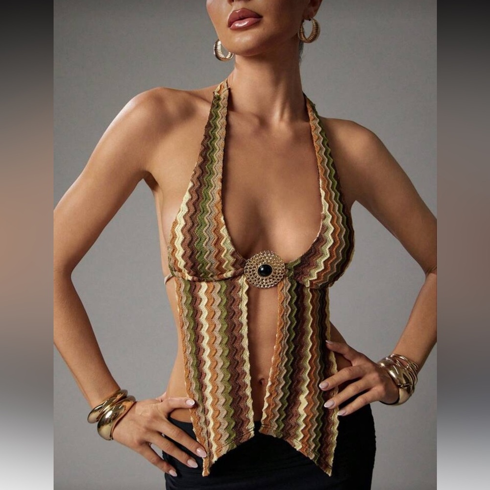 RARE knit halter top with gold detail - Picture 2 of 5